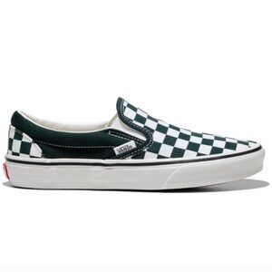 Vans Dark Green and White Checkered Slip-On Sneakers